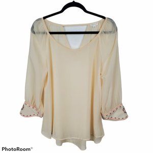 Emily + M Cream Boho Aztec Embroidered Blouse Coastal Cottage Boho Bohemian